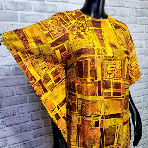 Vintage Made in Hawaii XS Hawaiian Wing Sleeve Abstract Geo Pattern Hostess Gown - Picture 3 of 12